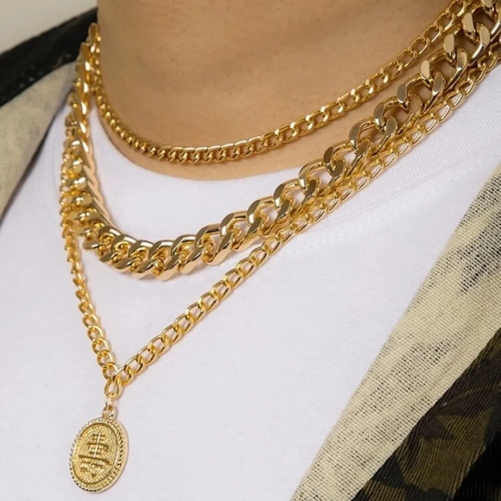 Gold Plated Round Charm Layered Necklace for Men - Picture 1 of 5